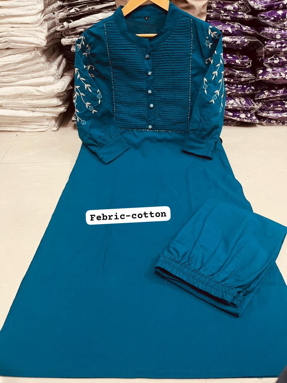 Blue Kurti Pant Set with Embroidery & Pintex Detailing